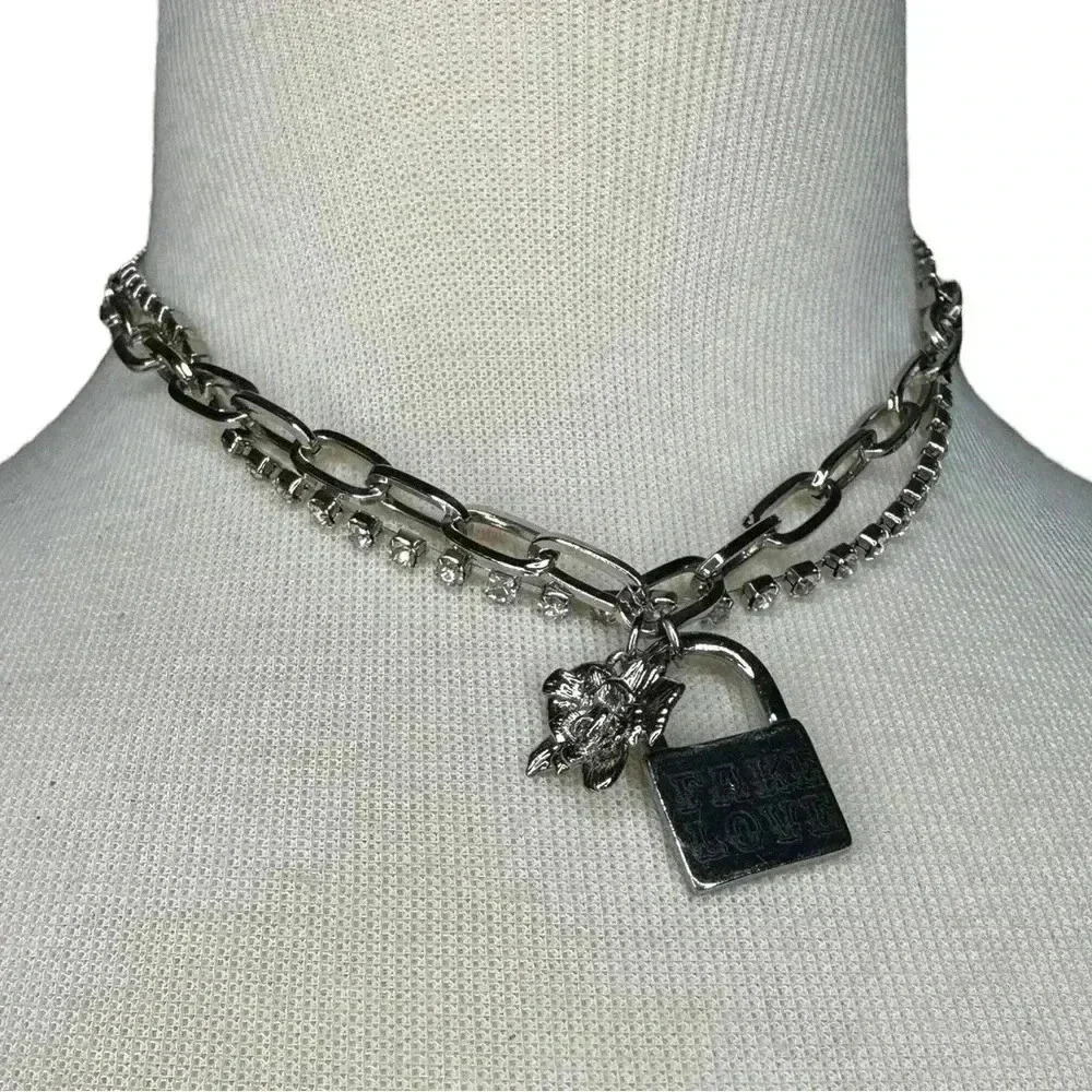 silver layered choker women's chain necklace pink fake love rose pendent lock - Picture 4 of 8
